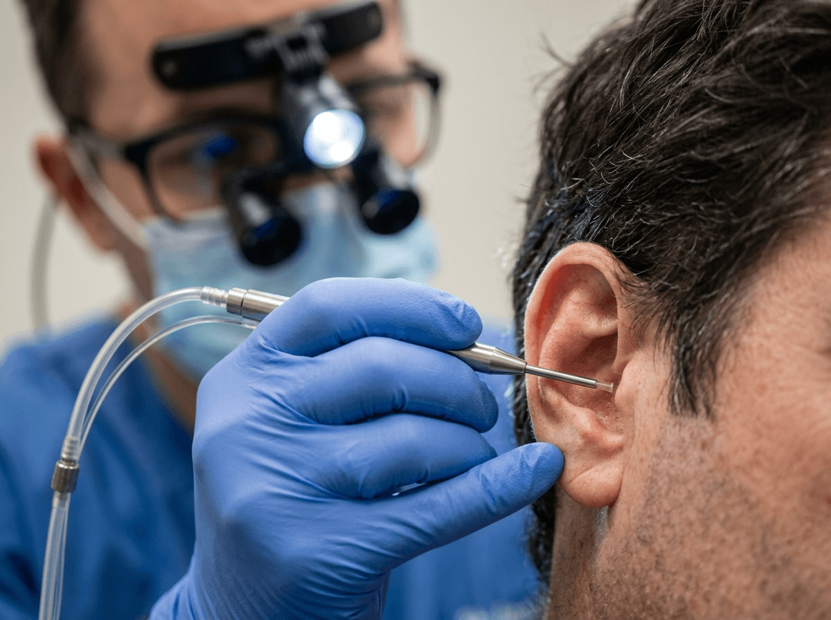Clinician using a microsuction handpiece near a patient's ear