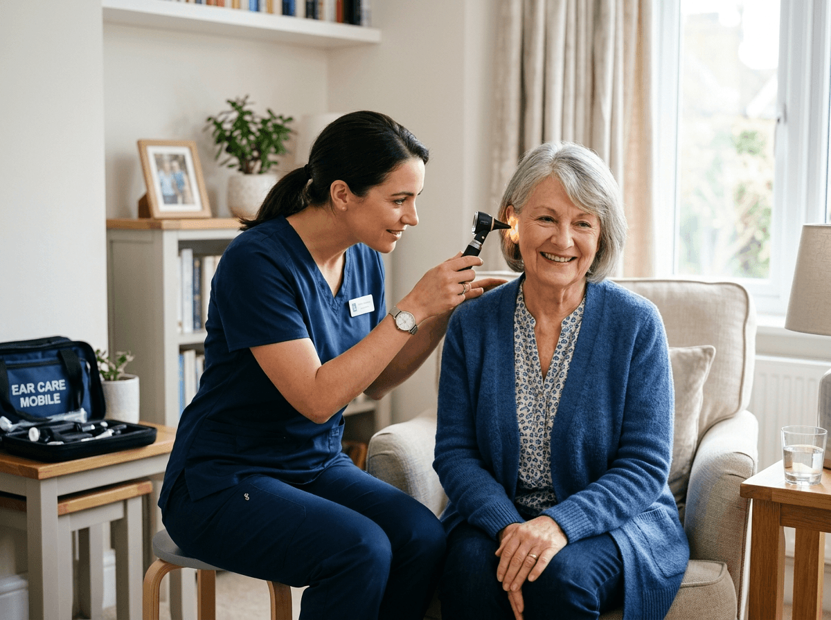 Ear examination with an otoscope during a home visit
