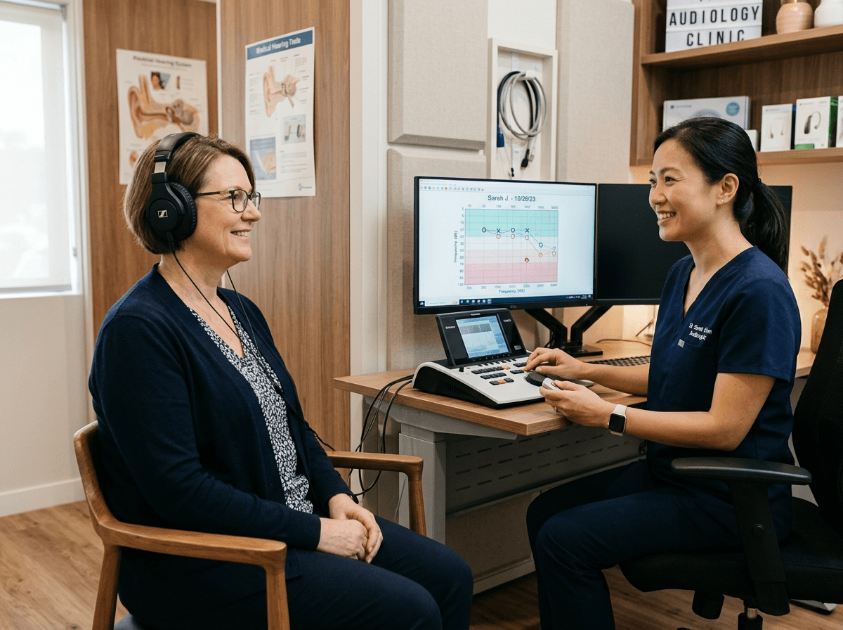 Audiologist carrying out a hearing test on a patient